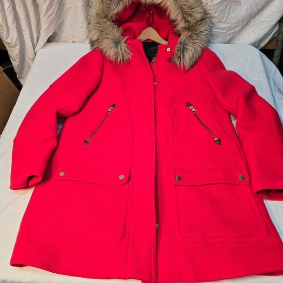 J. Crew Women's Red Chateau Stadium Parka Coat Nello Cori Faux Fur Hood Size 10 - Picture 1 of 7